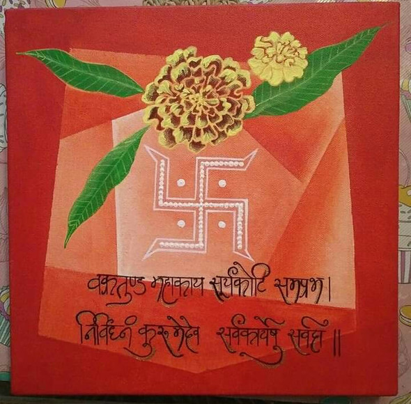 Shubh aarambh Ganesh mantra Swastika marigolds mango leaves on kimkum red ba (ART_1892_64065) - Handpainted Art Painting - 12in X 12in