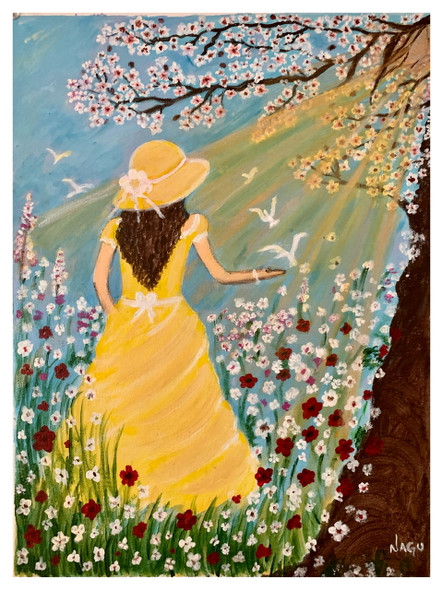 Golden sunshine n blossoms (ART_7666_60076) - Handpainted Art Painting - 12in X 16in