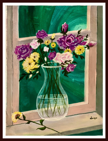 Floral vase on a window by the space (ART_7666_60075) - Handpainted Art Painting - 12in X 15in
