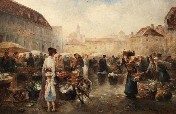 Flower Market In Krems By Emil Barbarini (PRT_12428) - Canvas Art Print - 24in X 16in