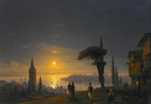 The Galata Tower By Moonlight ( 1845) By Ivan Konstantinovich Aivazovsky (PRT_12454) - Canvas Art Print - 26in X 18in