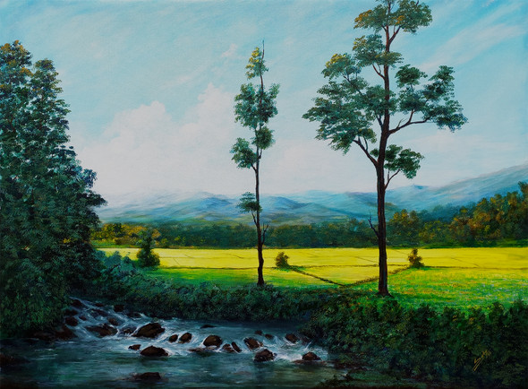Stream Near Paddy Field (ART_464_64348) - Handpainted Art Painting - 48in X 36in
