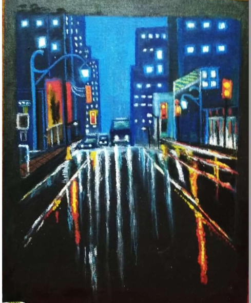 Night city (ART_8249_64331) - Handpainted Art Painting - 11in X 16in