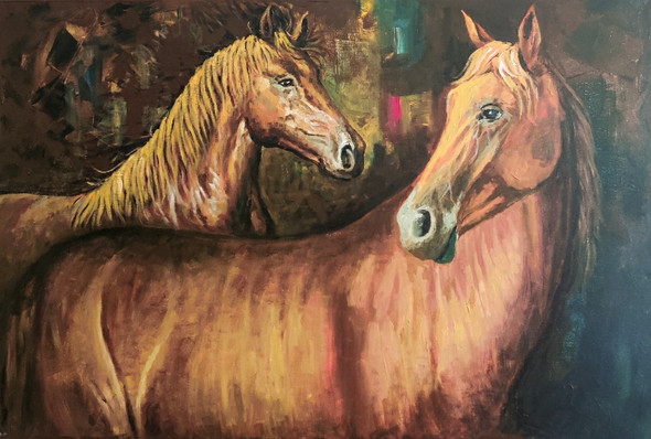 A Thousand Years- Two horses in love (ART_7345_64213) - Handpainted Art Painting - 36in X 24in