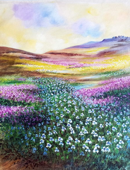 The Valley of flowers  (ART_1224_64135) - Handpainted Art Painting - 18in X 23in