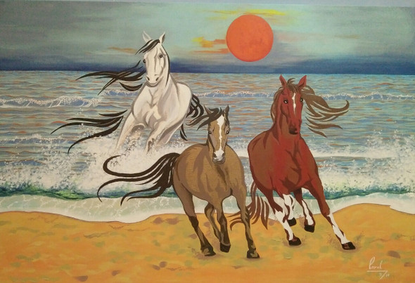 Three Good Luck Vastu Horses (ART_1892_37656) - Handpainted Art Painting - 36in X 24in