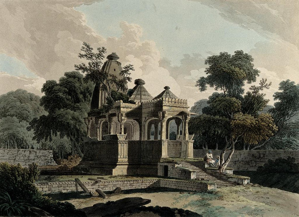 Hindu Temple In The Fort Of Rotasgarh, Bihar Coloured Aquatint By Thomas Daniell, 1796 (PRT_13185) - Canvas Art Print - 17in X 13in