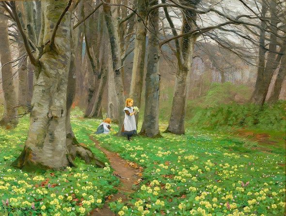 To Piger Plukker Blomster I For√•rsskov (1903) By Hans Andersen Brendekilde (PRT_13146) - Canvas Art Print - 19in X 14in