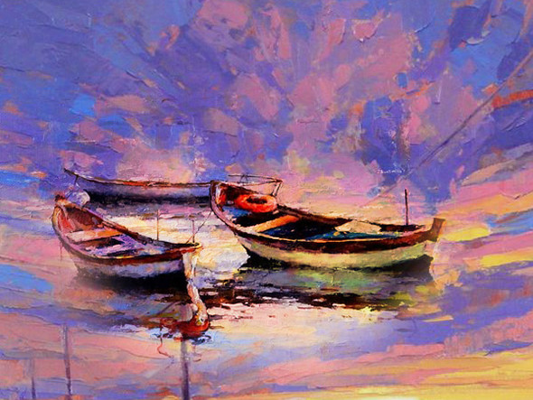 Boat Landscape 3 - Handpainted Art Painting - 32in X 24in