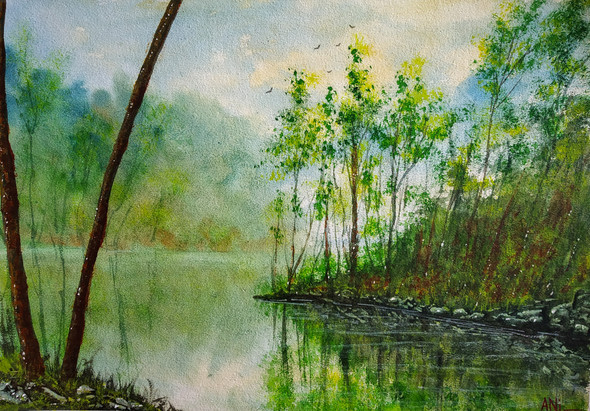 River stream in fog (ART_8466_64625) - Handpainted Art Painting - 19in X 13in