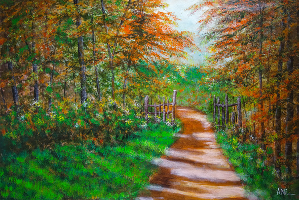 Pleasant walk in woods (ART_8466_64619) - Handpainted Art Painting - 32in X 21in