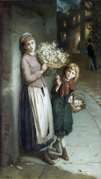 Flower Girls , A Summers Night (1885) By Augustus Edwin Mulready (PRT_13698) - Canvas Art Print - 16in X 27in
