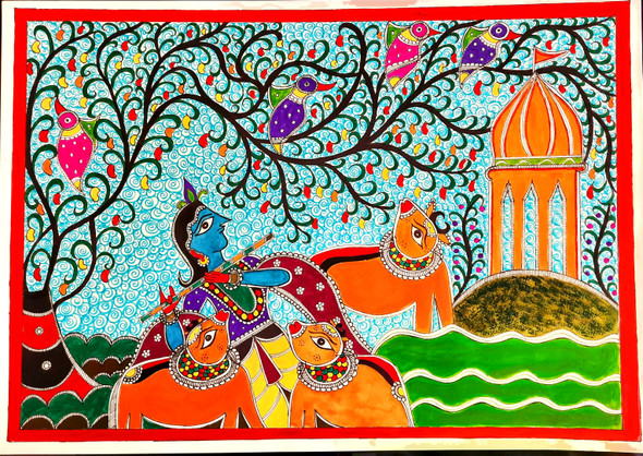 Krishna Madhubani painting  (ART_8415_65182) - Handpainted Art Painting - 23in X 16in