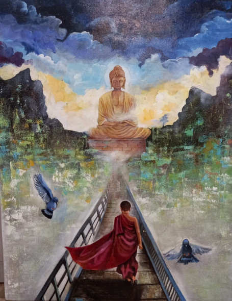 Buddha And Monk (ART_82_65164) - Handpainted Art Painting - 30 in X 40in