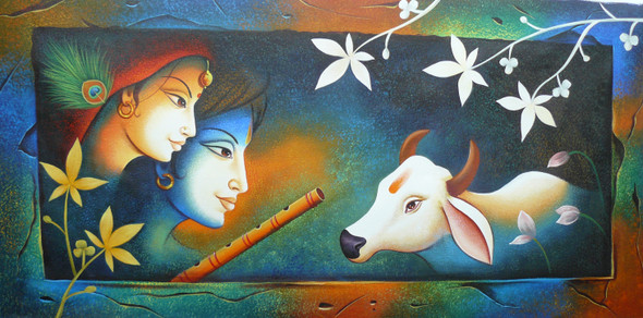 RADHA KRISHNA PAINTING FOR WALL BY ARTOHOLIC  (ART_3319_65019) - Handpainted Art Painting - 72in X 30in