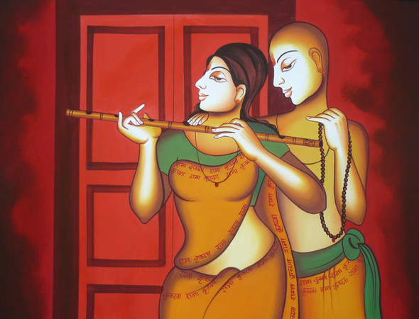 RADHA KRISHNA PAINTING ON WALL BY ARTOHOLIC (ART_3319_64998) - Handpainted Art Painting - 36in X 24in