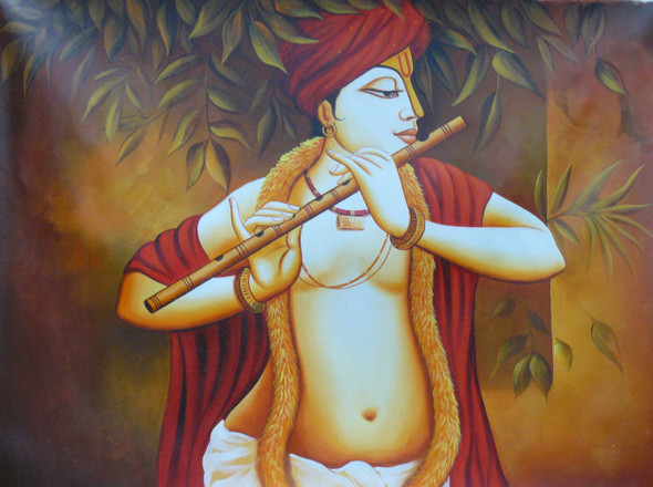 KRISHNA PAINTING ON WALL BY ARTOHOLIC (ART_3319_64996) - Handpainted Art Painting - 36in X 24in