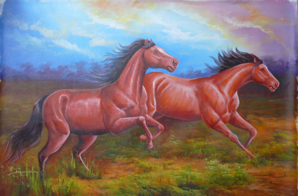 RUNNING HORSES AS PER VASTU BY ARTOHOLIC (ART_3319_64991) - Handpainted Art Painting - 36in X 24in