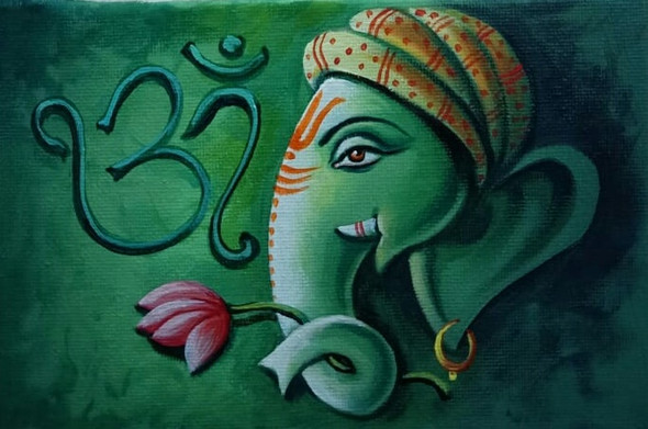 LORD GANESHA BY ARTOHOLIC-01 (ART_3319_64868) - Handpainted Art Painting - 36in X 24in