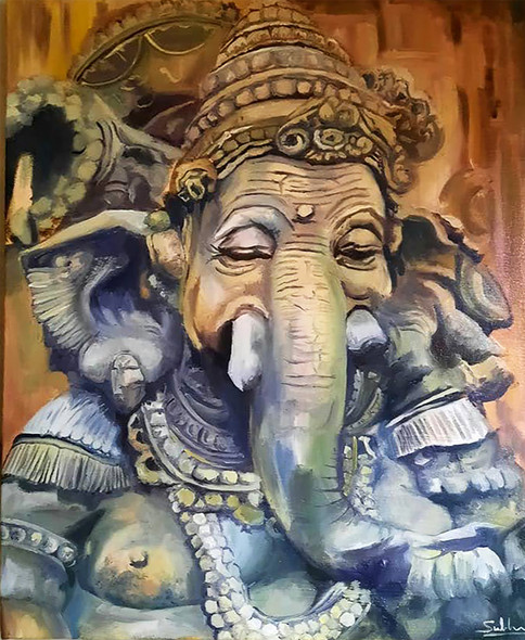Elephant God (ART_7455_64779) - Handpainted Art Painting - 14in X 20in