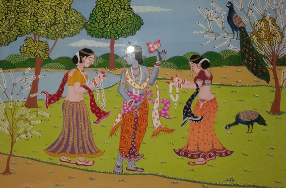 Rukmini and Satyabhama (ART_8467_64773) - Handpainted Art Painting - 14in X 24in