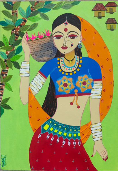 Tribal lady mahua (ART_8262_64696) - Handpainted Art Painting - 14in X 20in