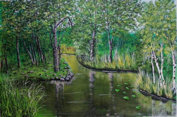 Stream in forrest (ART_8466_64658) - Handpainted Art Painting - 33in X 22in
