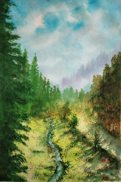 Brook finding it's way thru evergreens (ART_8466_64639) - Handpainted Art Painting - 12in X 18in