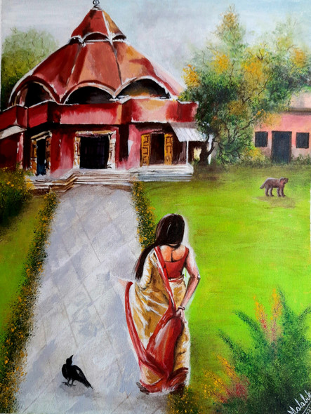 Temple view (ART_7794_60187) - Handpainted Art Painting - 18in X 24in