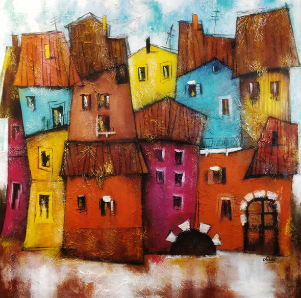 Town House (ART_3682_65241) - Handpainted Art Painting - 36in X 36in