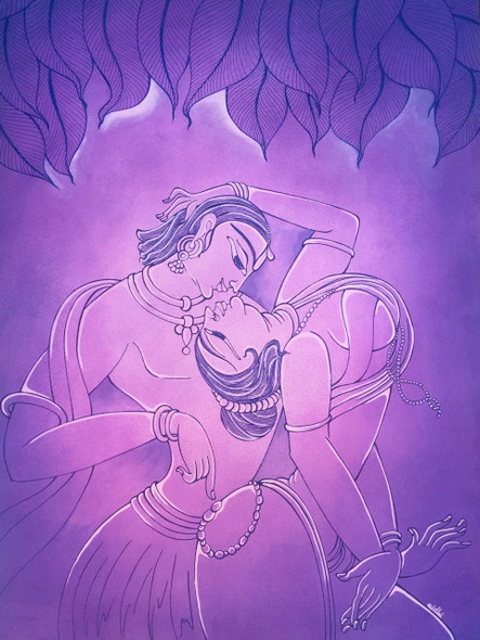 Radha Krishna - Prem Ras- (SJAC336) (ART_5750_65400) - Handpainted Art Painting - 21in X 29in