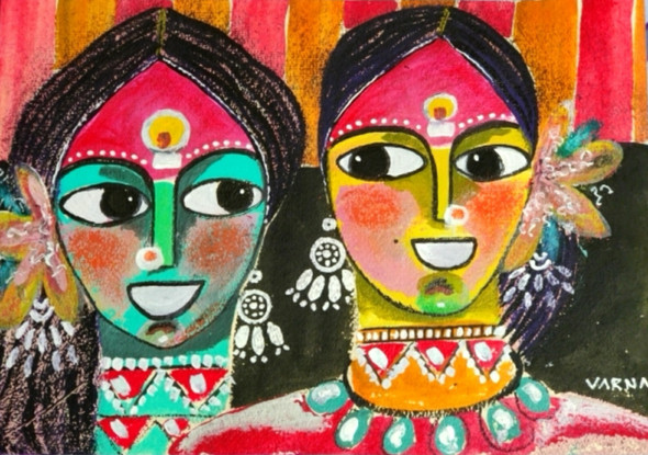 Two Smiling Ladies (PRT_8079_65574) - Canvas Art Print - 24in X 17in