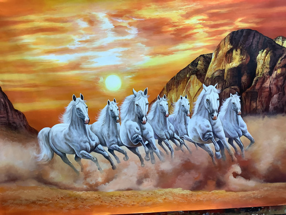 7 RUNNING HORSES AS PER VASTU BY ARTOHOLIC (ART_3319_65300) - Handpainted Art Painting - 50in X 30in