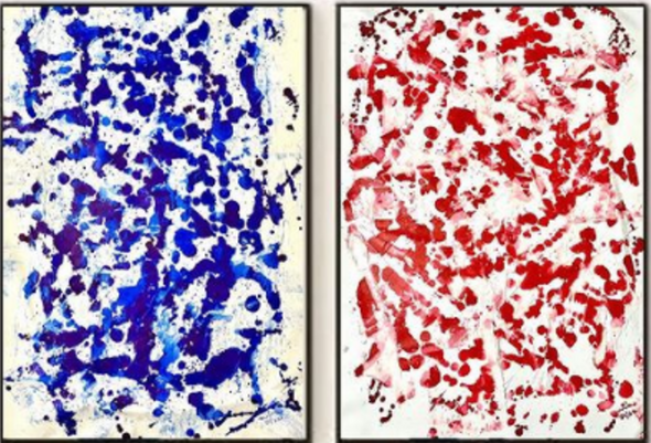 SET OF 2 PAINTINGS-  BLEU & RAD -Missmessyartist- ACRYLIC - ABSTRACT PAINTING (ART_1538_65838) - Handpainted Art Painting - 24in X 34in