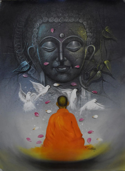 Gautam Buddha (ART_1038_65826) - Handpainted Art Painting - 20in X 32in