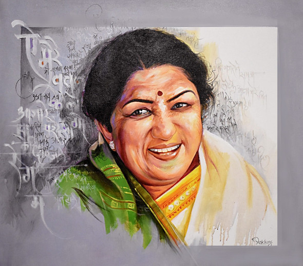 Swar Samragni Lata Mangeshkar (ART_1038_65818) - Handpainted Art Painting - 28in X 24in