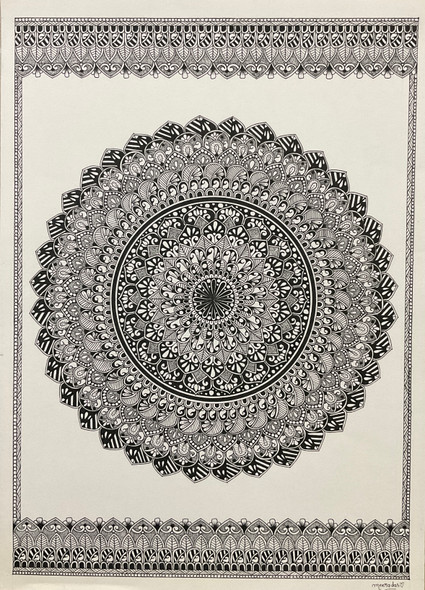 Black And White Flower Mandala (ART_8523_65769) - Handpainted Art Painting - 12 in X 17in