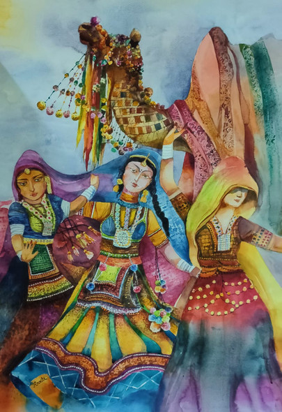 Banjara Girls (ART_8538_65964) - Handpainted Art Painting - 28in X 40in