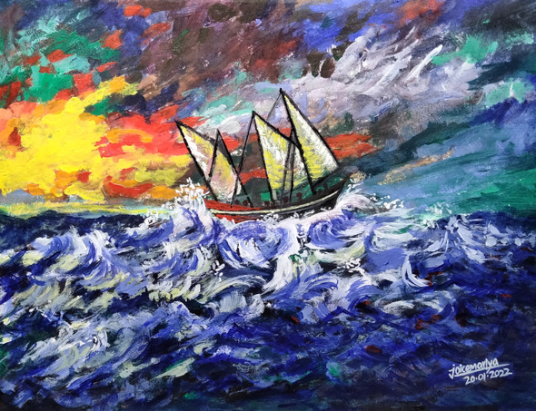 A Boat in the Big Ocean Waves-an Impressionistic Painting (ART_8401_66091) - Handpainted Art Painting - 11in X 8in