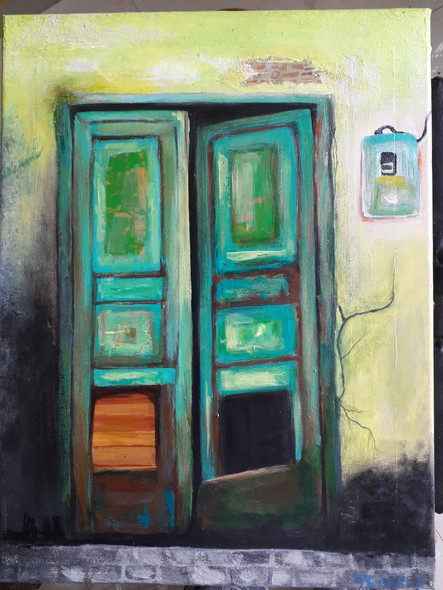 An Old Memory Door (ART_7872_60463) - Handpainted Art Painting - 12in X 16in