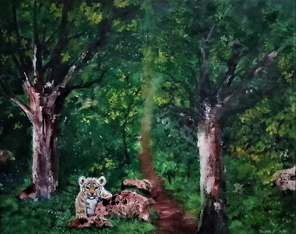 Tiger Cub In The Wild (ART_7433_53440) - Handpainted Art Painting - 30in X 24in