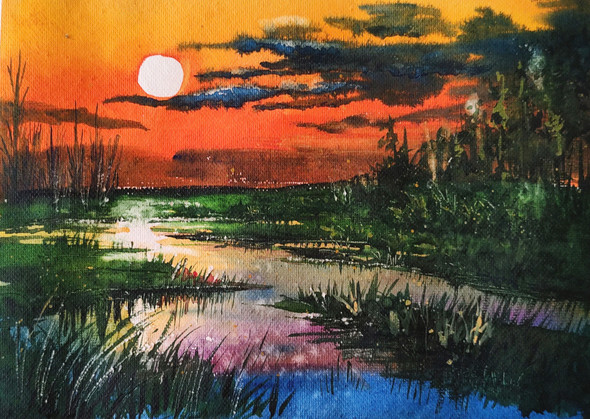 Sunset by the river (ART_8546_66193) - Handpainted Art Painting - 14in X 10in
