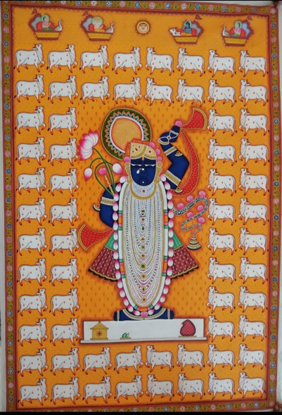 Shrinathji pichwai painting with cow on cloth handmade painting  (ART_7555_66439) - Handpainted Art Painting - 40in X 60in