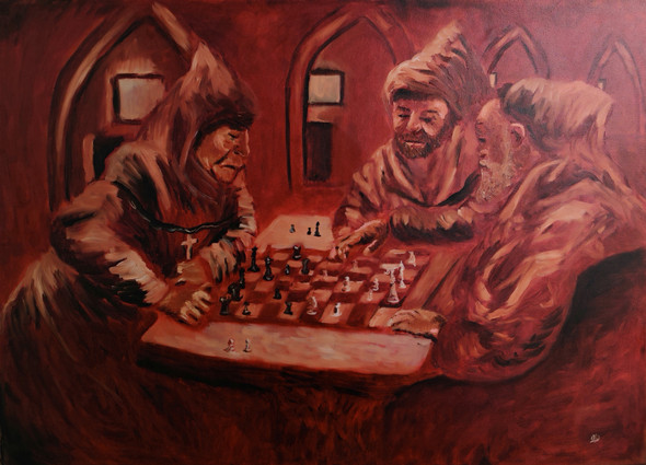 Monks playing chess (ART_8576_66612) - Handpainted Art Painting - 39in X 29in