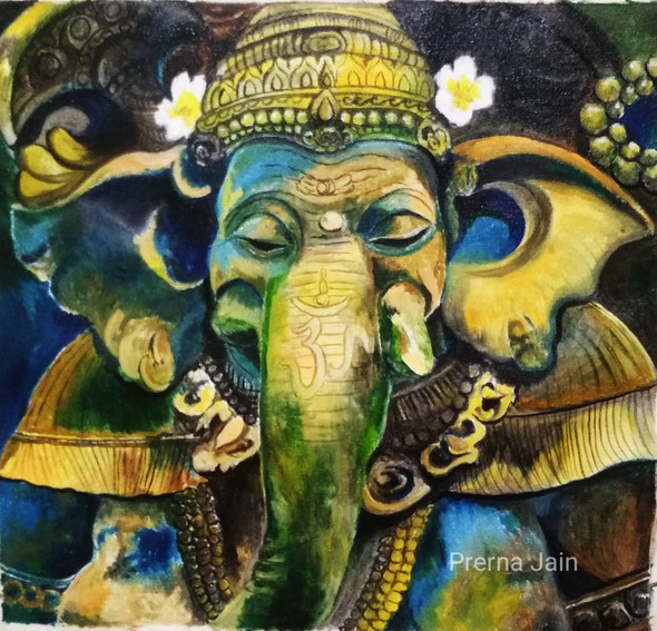 God Ganesh (ART_8249_66606) - Handpainted Art Painting - 18in X 17in