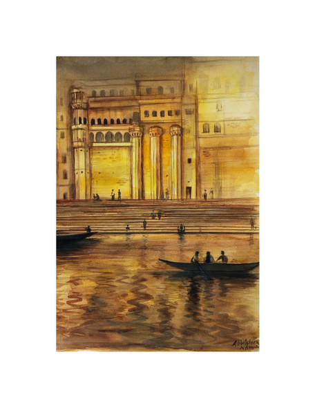 Banaras Ghat (ART_3512_66588) - Handpainted Art Painting - 7 in X 11in