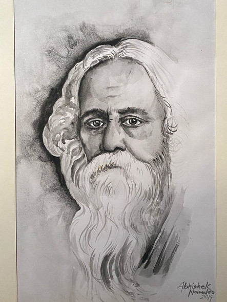 Rabindranath Tagore (ART_3512_61074) - Handpainted Art Painting - 9 in X 14in