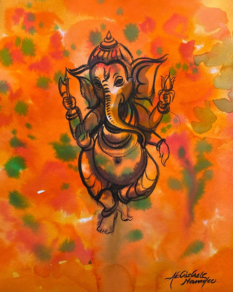 Ganesha (ART_3512_66700) - Handpainted Art Painting - 11 in X 13in