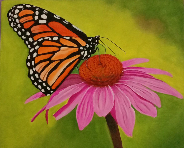 Butterfly on pink flower.   (ART_8397_62686) - Handpainted Art Painting - 12in X 10in