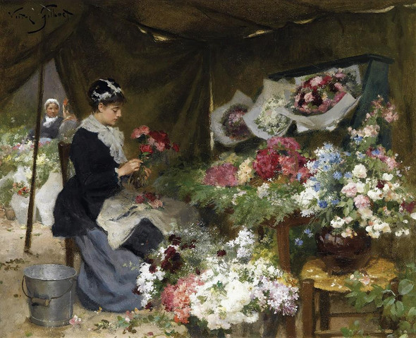 A Flower Seller Making Her Bouquets (PRT_15243) - Canvas Art Print - 25in X 20in